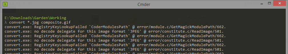 convert *.jpg composite.gif convert.exe RegistryKeyLookupFailed CoderModulesPath @ error/module.c/GetMagickModulePath/662 no devcode delegate for this image format JPEG @ error/constitute.c/ReadImage/501
